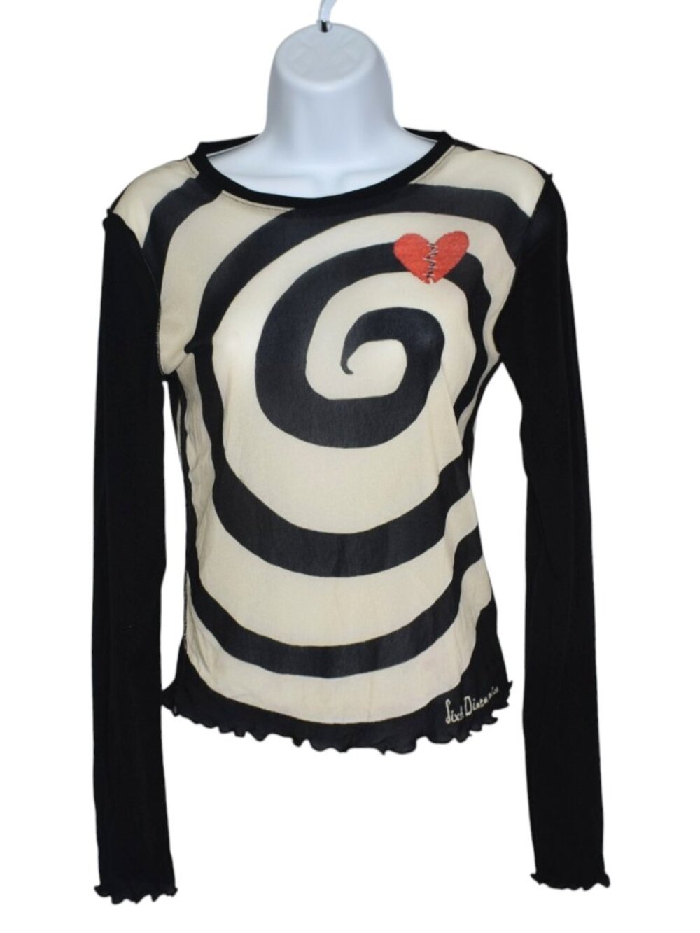 Sixth Dimension NWT Sheer Mesh Spiral Heart Top Black Cream Y2K Goth S M